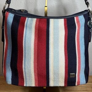The Sak Crochet Purse handbag striped red white blue silvertone hardware
